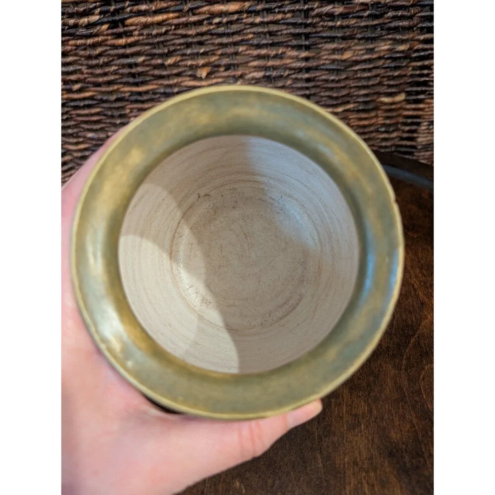 Art Pottery Vase Artist Signed Glaze over Clay Green Aztec Boho Southwestern